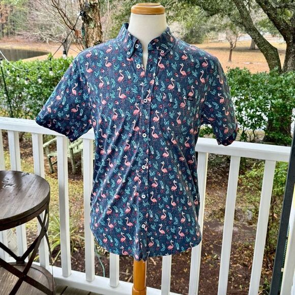 Simply Southern Tropical flamingo print Short Sleeve Button Up Shirt. Size XL. - Picture 1 of 6